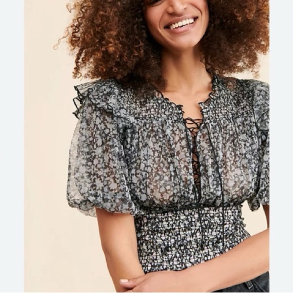 Free People Beatrice Sheer Floral Lace Up Smocked Puff Sleeve Top Whimsygoth S